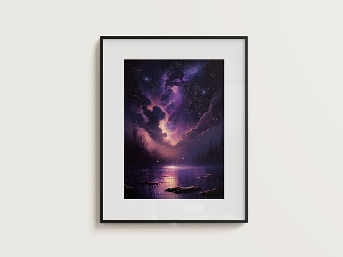 Purple Moonlit Night Sky Over Water Dreamy Painting Art Poster - Image 3