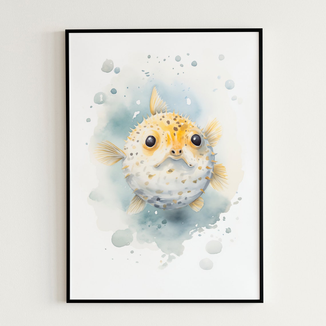 Cute Baby Pufferfish Watercolor Ocean Kids Nursery Room Wall Art