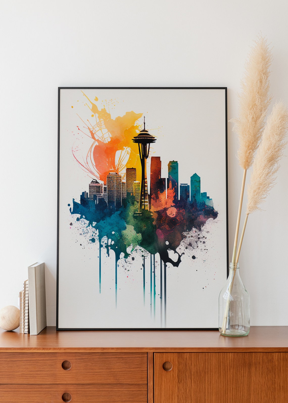 Seattle Skyline Watercolor Painting Space Needle Travel Art Poster