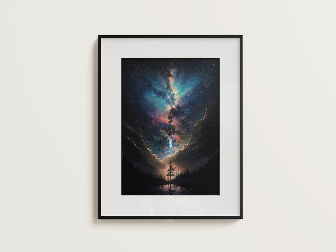 Colorful Nebula Column Rising High Over Forest Lake Night Poster - Image 3