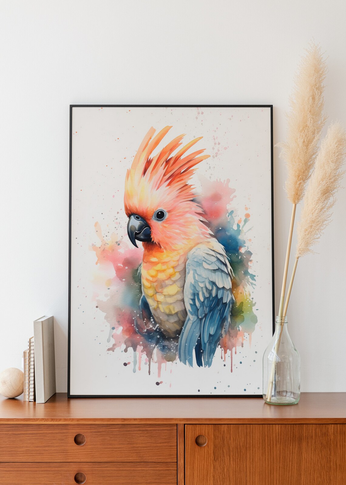 Moluccan Cockatoo with Salmon Crest Watercolor Bird Portrait Poster