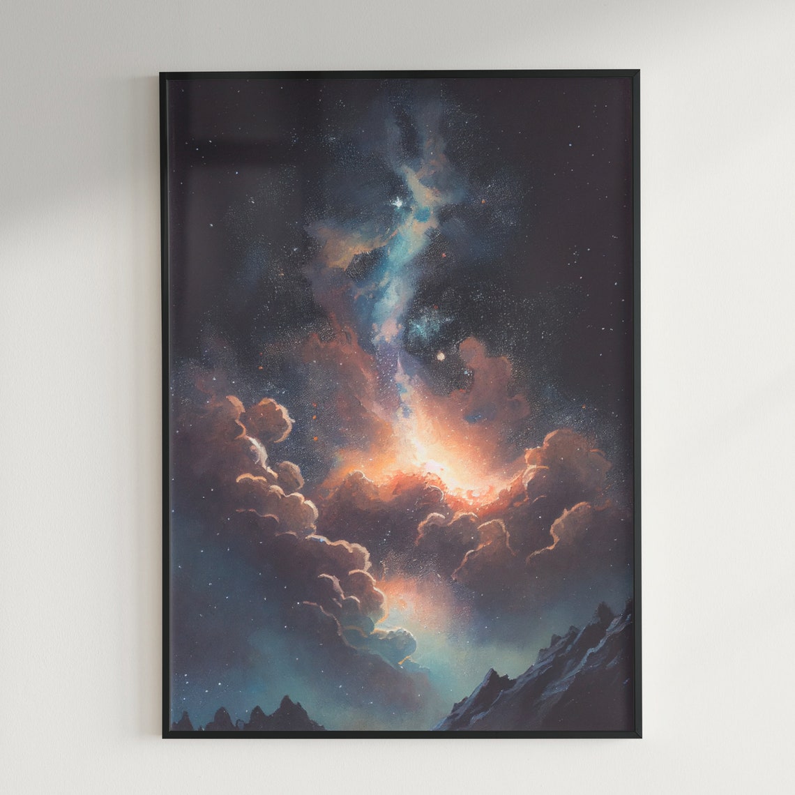 Glowing Cosmic Clouds Over Jagged Mountain Peaks Night Sky Poster - Image 2