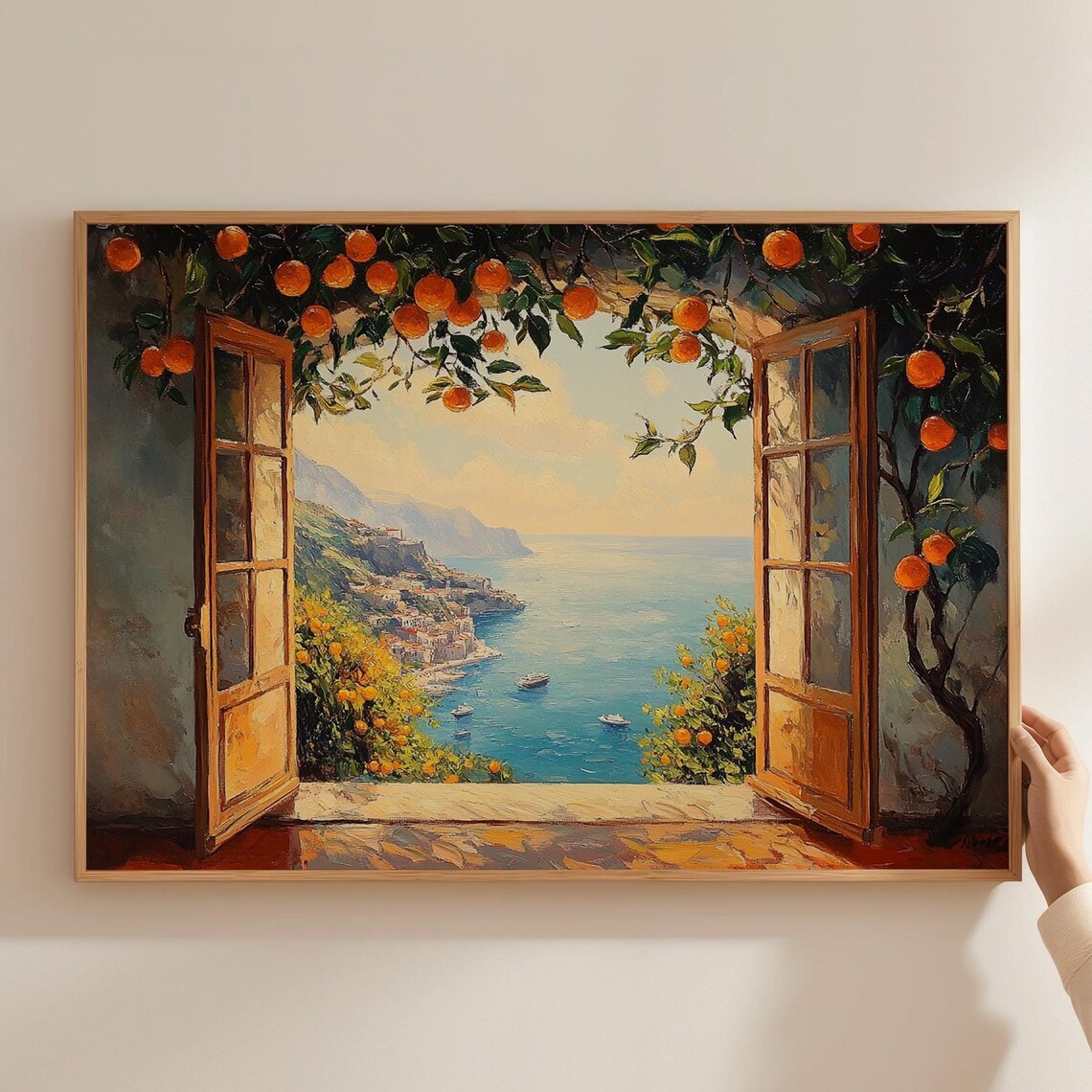 Mediterranean Sea Open Window Scene, Oranges Art Print