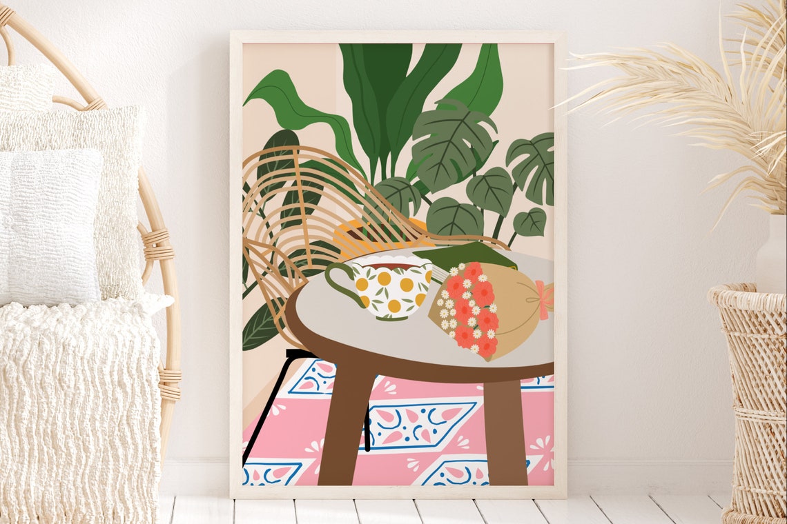 Boho Floral Tea Cup Cafe Tropical Botanical Illustration Poster