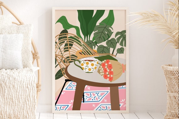Boho Floral Cafe Wall Art Unframed Colourful Tiles House Plant Tea Coffee Illustration Gallery Art Print