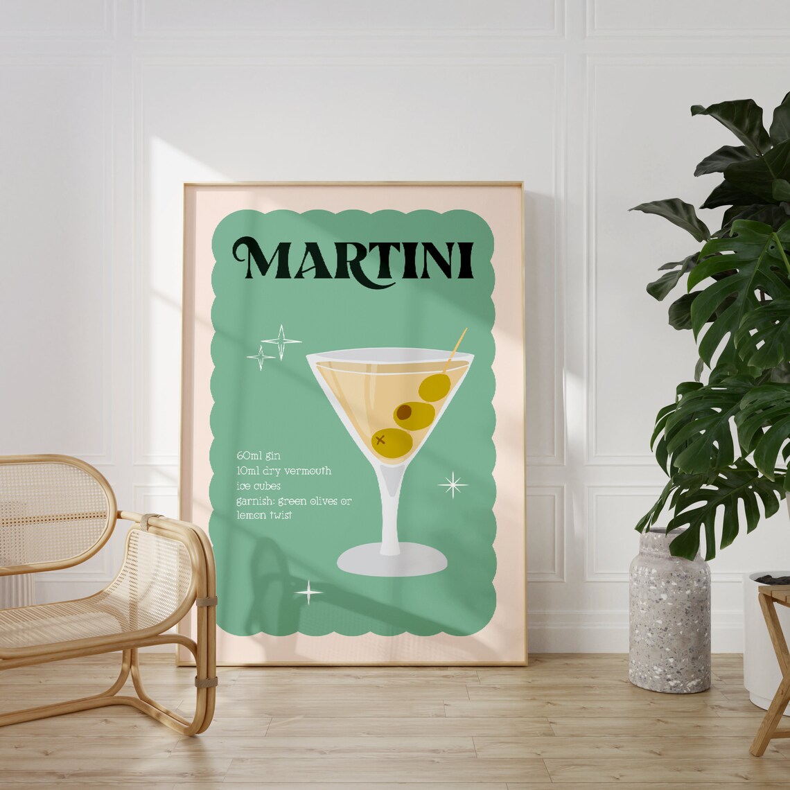 Martini Cocktail Recipe Retro Kitchen Bar Cart Green Art Poster