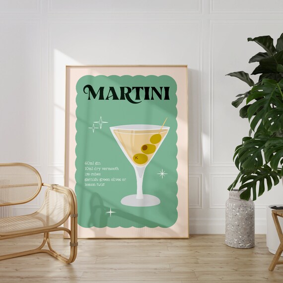 Martini Cocktail Recipe Retro Kitchen Bar Cart Green Art Poster