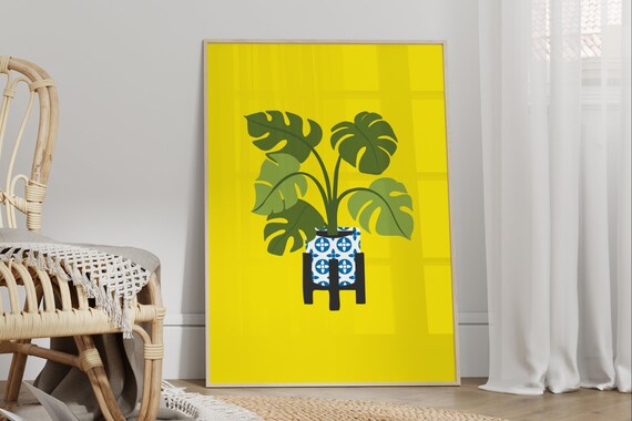 Yellow Monstera House Plant Print Unframed Gallery Wall Eclectic Illustrations Bathroomkitchenbedroom