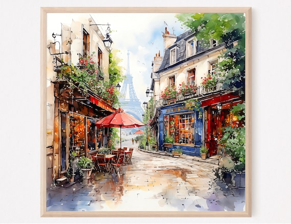 Eiffel Tower Watercolor Print Parisian Cafe Cityscape Art