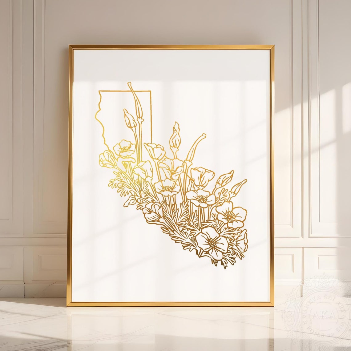 California State Map Gold Poppies Floral Home Decor Wall Art