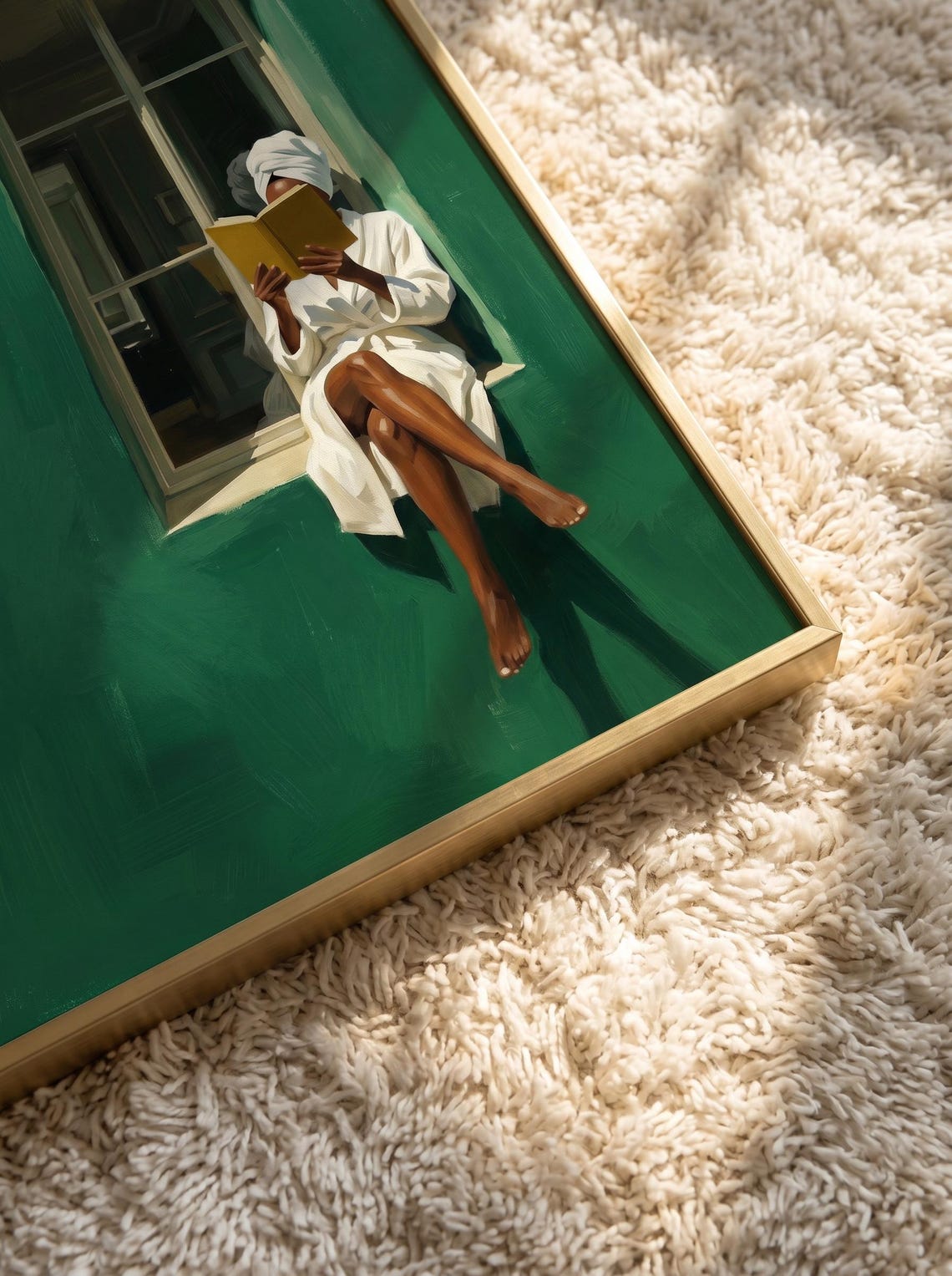 Black Woman Reading Art Print Emerald Window Scene Living Room Wall Minimalist Quiet Luxury - Image 6