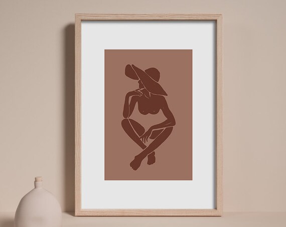 Terracotta Woman with Hat Seated Figure Silhouette Art Poster