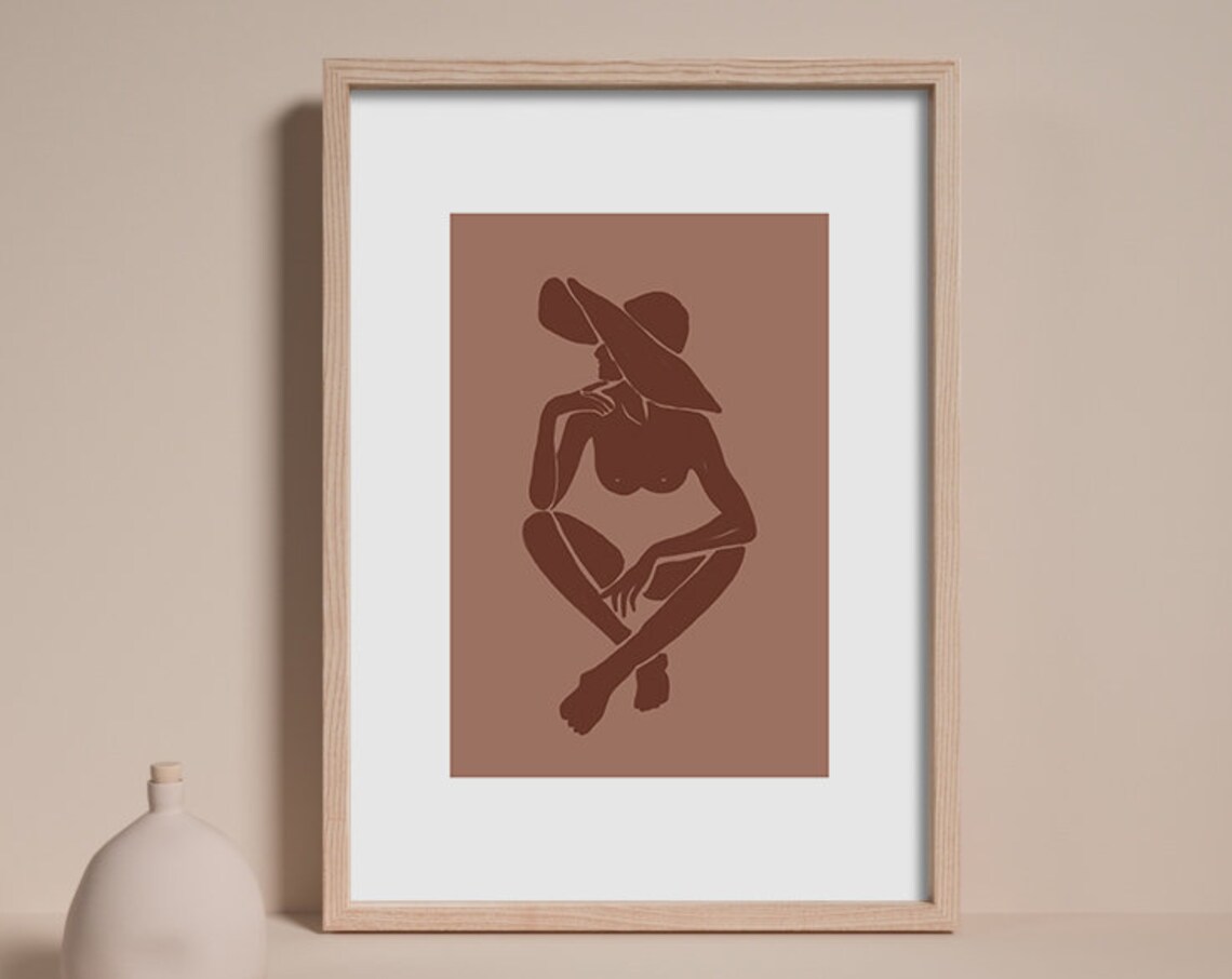 Terracotta Woman with Hat Seated Figure Silhouette Art Poster