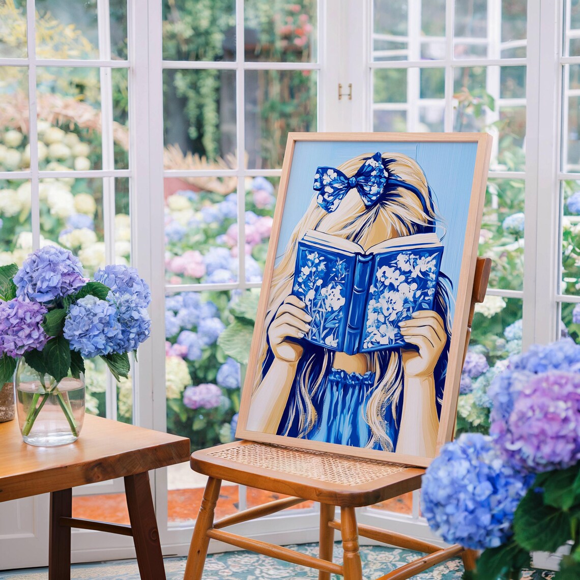 Girl Reading a Book Hidden Behind Its Cover Blue Floral Style Poster - Image 4