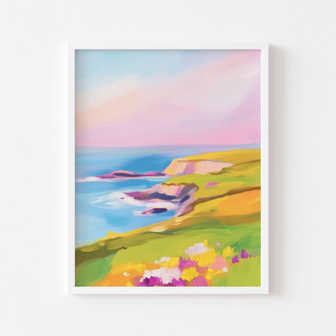 Pastel Coastal Cliffs With Golden Hills And Blue Ocean Poster
