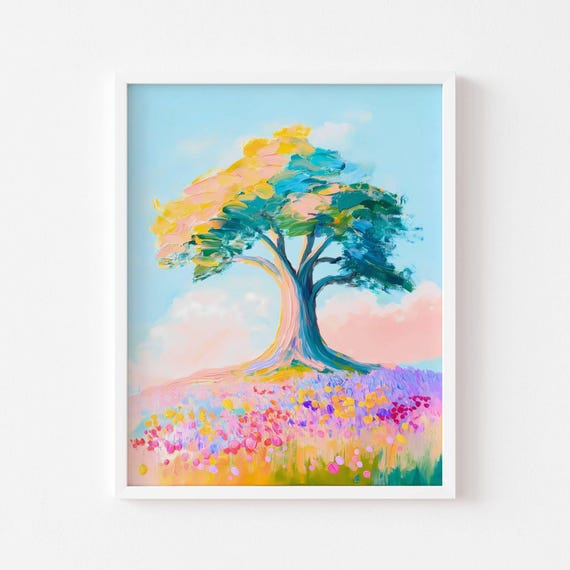 Oak Tree In Meadow Art Print Countryside Landscape Wall Art Impressionism Decor Pastel Poster