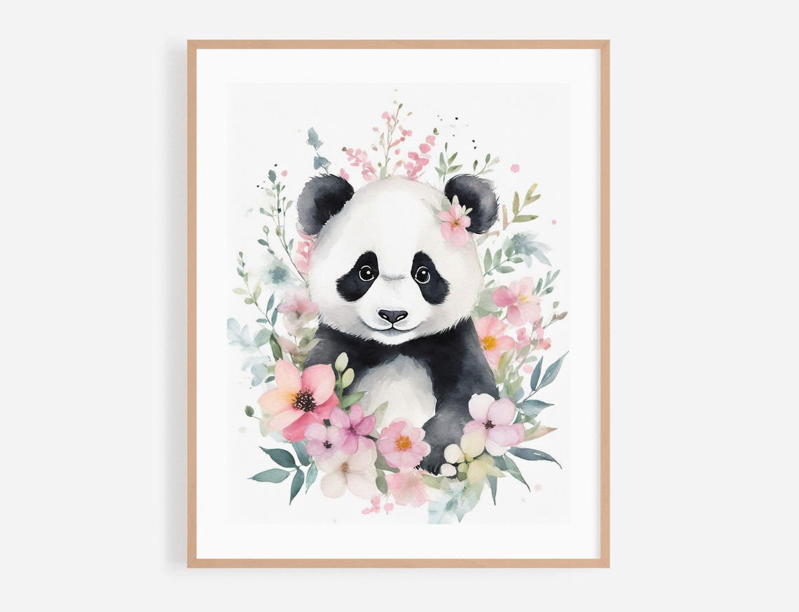 Baby Panda Watercolor Portrait With Pink Floral Wreath Poster