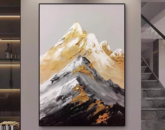 Gold Black And White Mountain Painting Original Hand Painted Wall Art Personalized Art Gift For Living Space Thick Textured Artwork