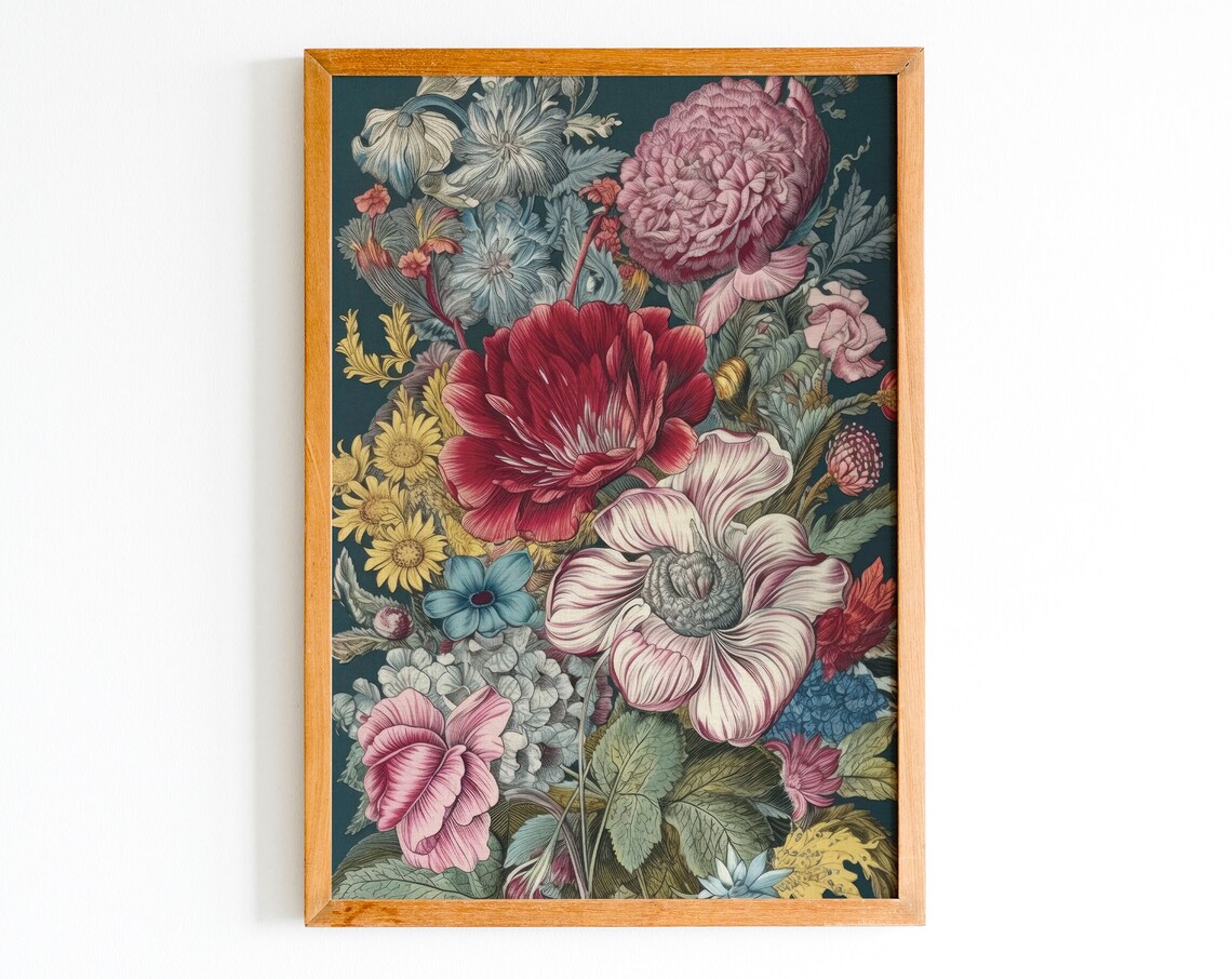 Wildflower Bouquet Vintage Botanical Illustration Dark Teal Art Print - Image 4
