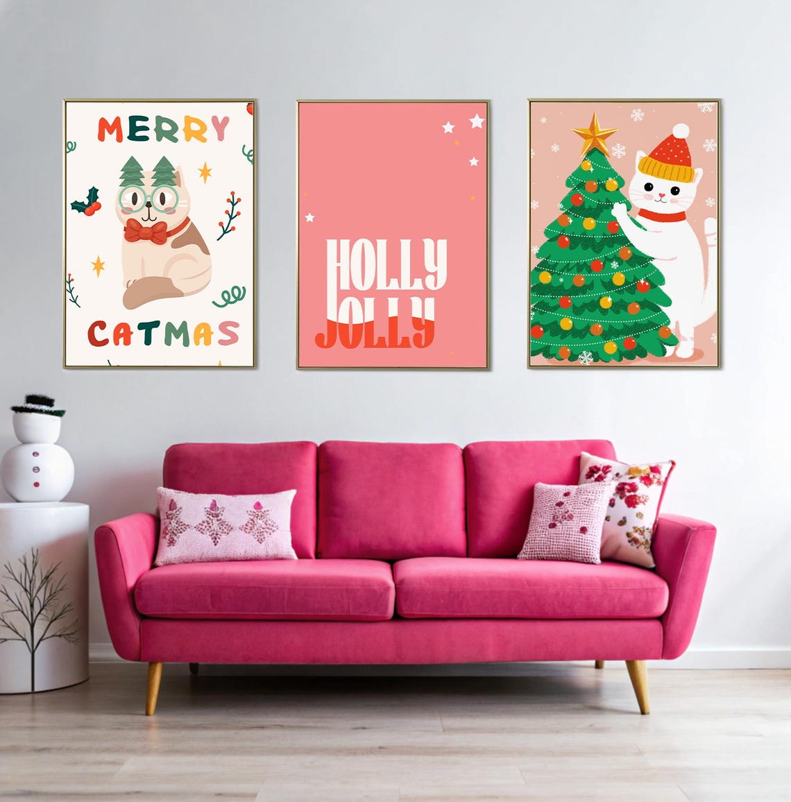 Cute White Cat in Santa Hat Decorating Christmas Tree Poster - Image 2