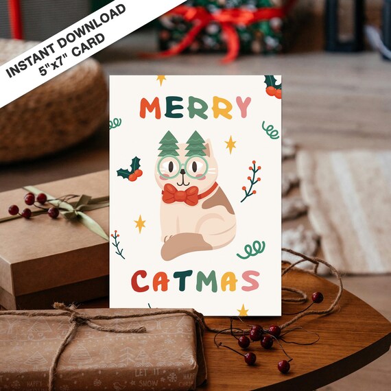 Merry Catmas Funny Cat With Pine Tree Ears Glasses Card Poster