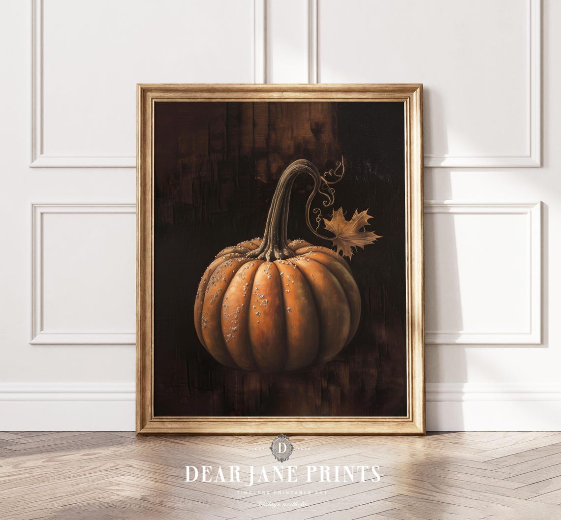 Single Orange Pumpkin on Dark Moody Background Vintage Fall Print