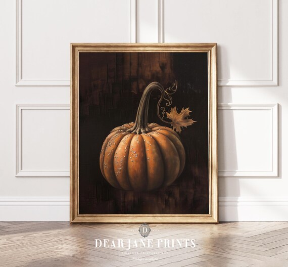 Single Orange Pumpkin on Dark Moody Background Vintage Fall Print