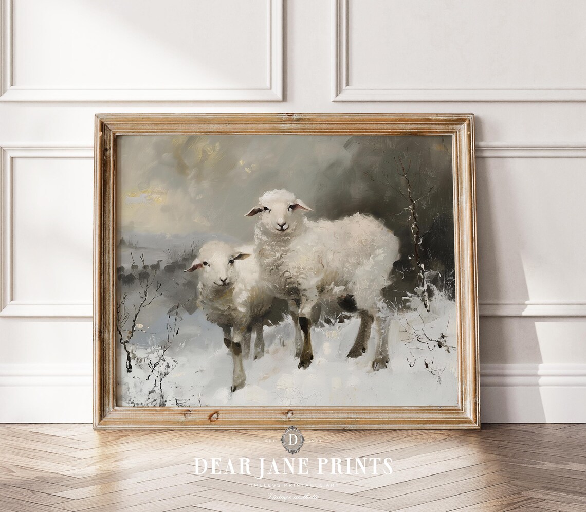 Two White Sheep Standing In Falling Snow Vintage Painting Poster