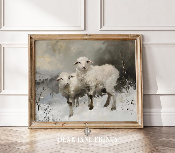 Two White Sheep Standing In Falling Snow Vintage Painting Poster