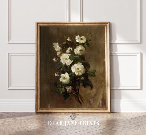 Moody Flowers Painting Still Life Wall Art White Flowers Vintage Print Botanical Academia Farmhouse Decor