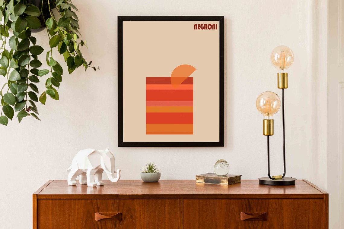 Negroni Retro Striped Glass Beige Minimalist Cocktail Bar Art Poster