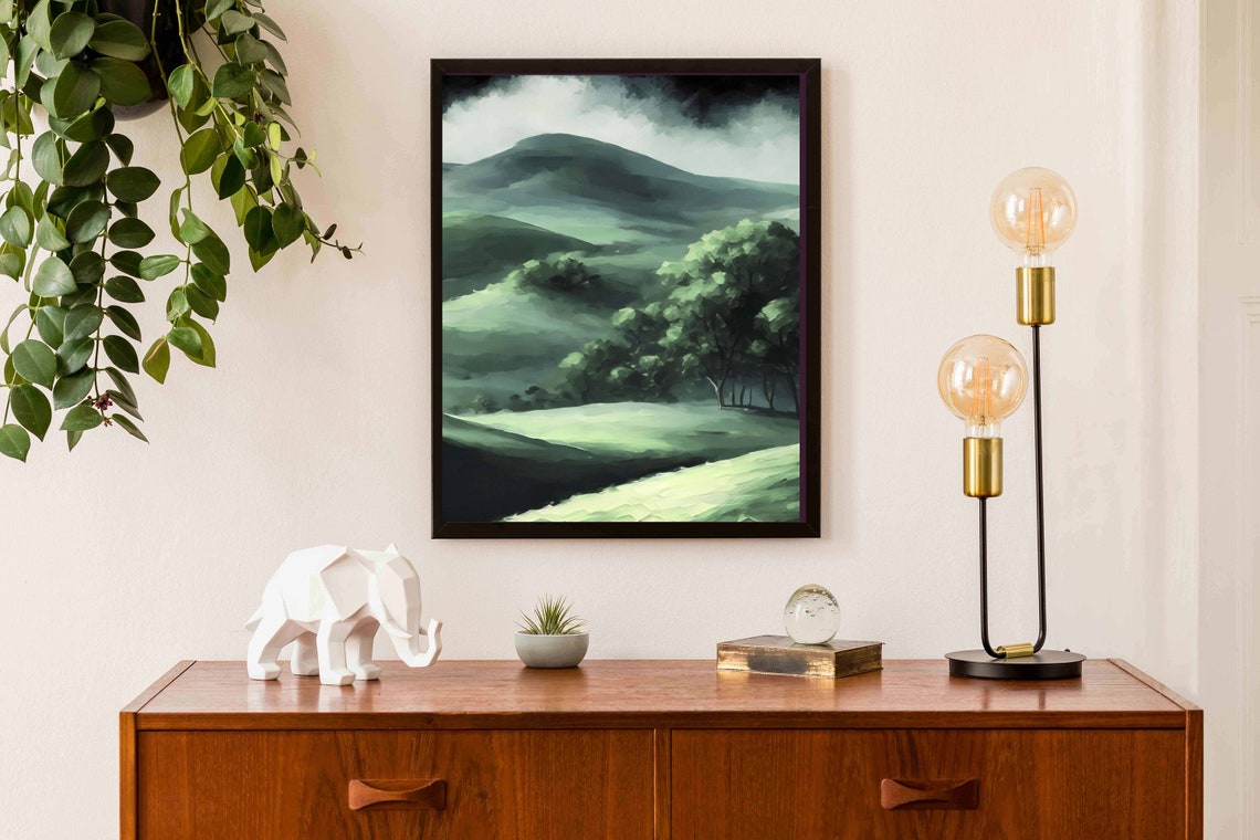 Green Misty Hills Scenic Landscape Vintage Style Nature Poster