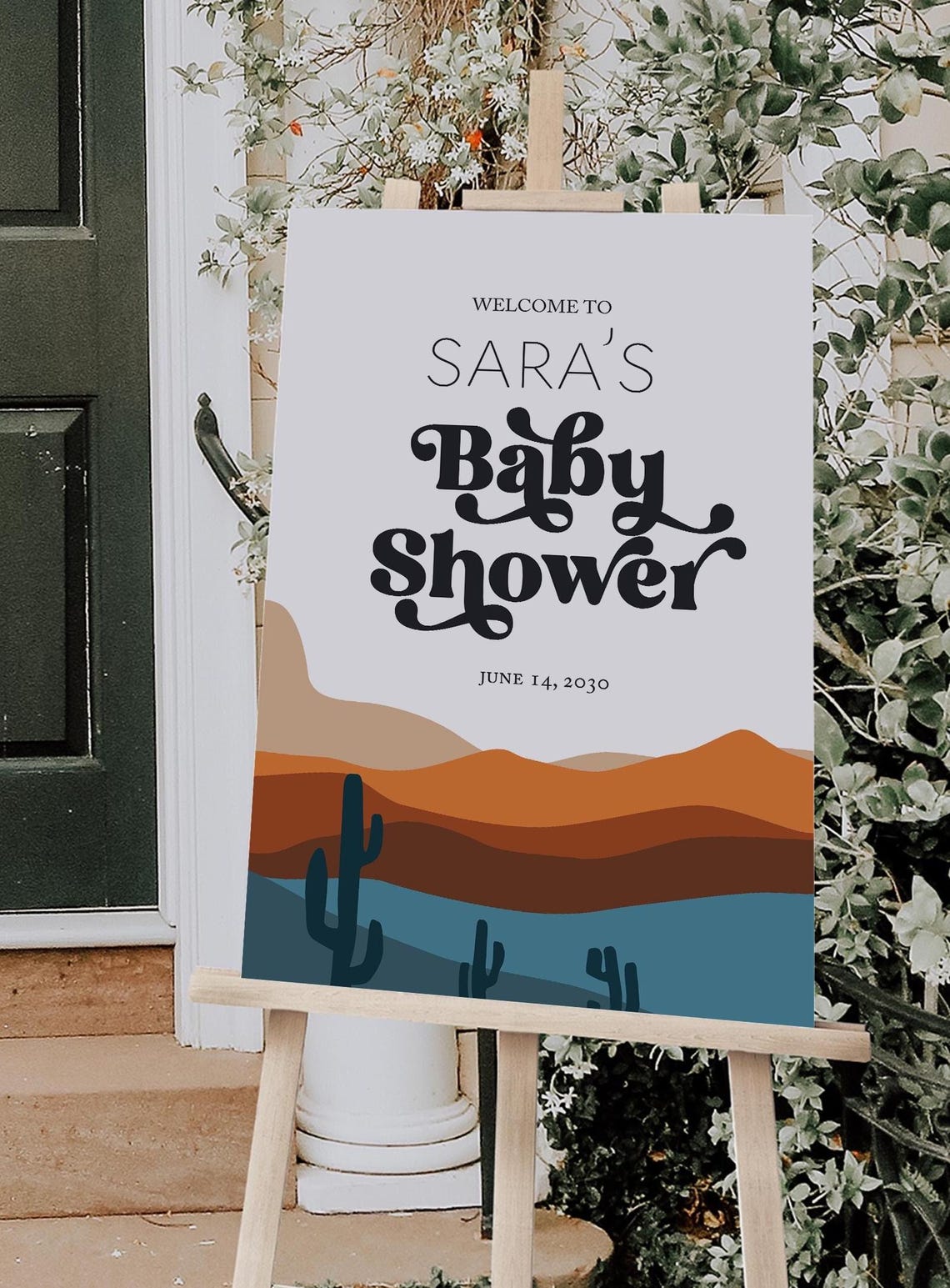 Desert Baby Shower Welcome Sign Template Retro Sunset Cactus Decor