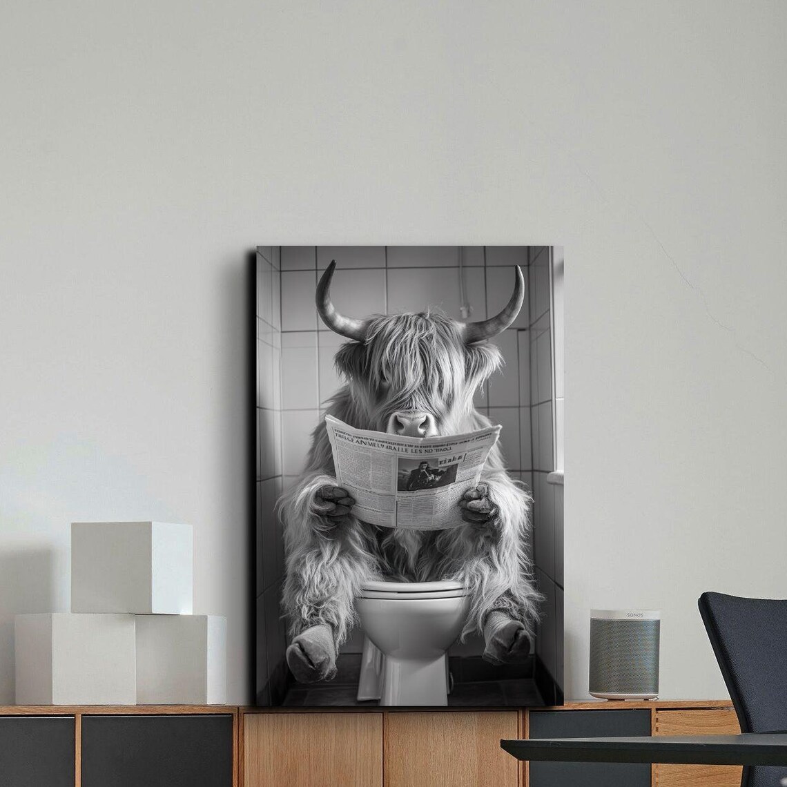 Funny Highland Cow On Toilet With Newspaper Bathroom Humor Poster