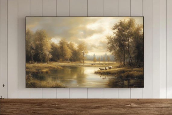 Rustic Landscape Oil Painting Frame Tv Wall Art Moody Print Countryside Screensaver Country Farmhouse Decor Samsung