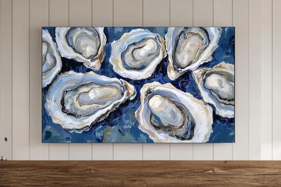 Chic Oyster Shells Navy Blue Coastal Still Life Painting Poster