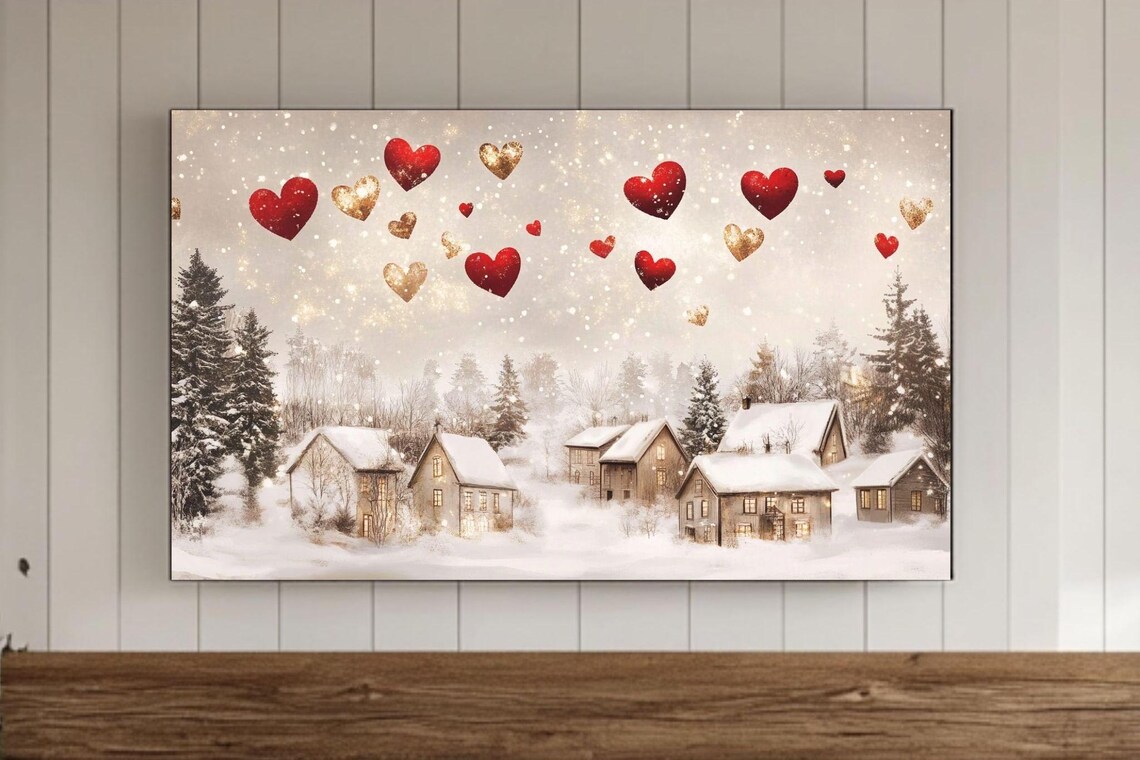 Red Hearts Floating Above A Snowy Village Street Scene Poster