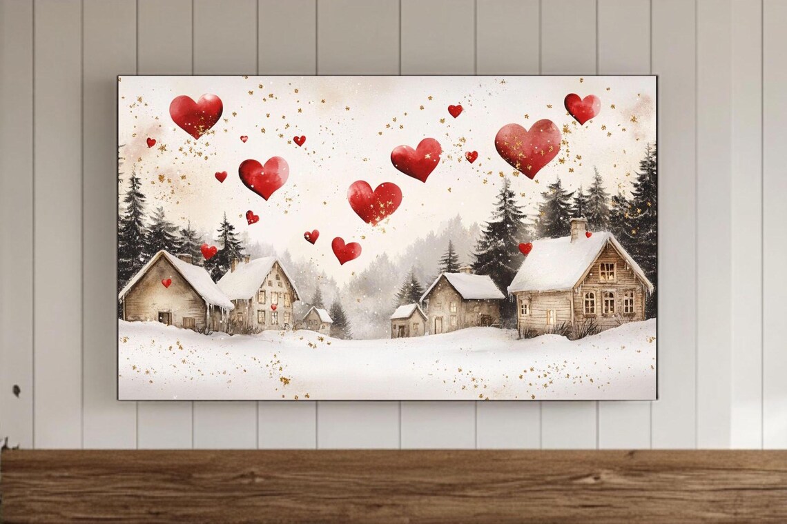 Cozy Snowy Cabins With Red Watercolor Hearts In A Snowy Sky Poster