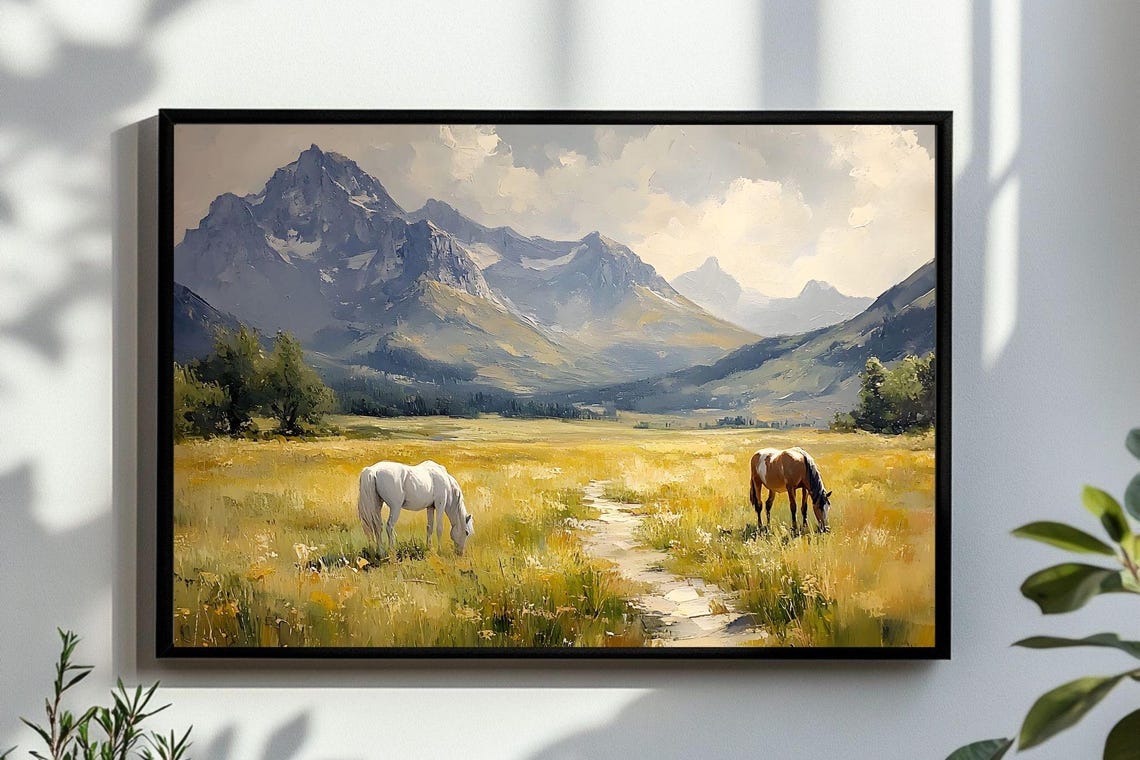 Two Horses On Mountain Path Through Golden Meadow Wild West Poster