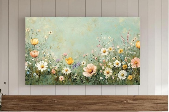 Wildflower Meadow Painting With Daisies And Tulips Spring Garden Poster