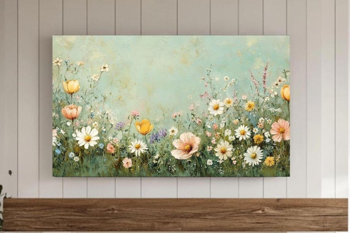Wildflower Meadow Painting With Daisies And Tulips Spring Garden Poster