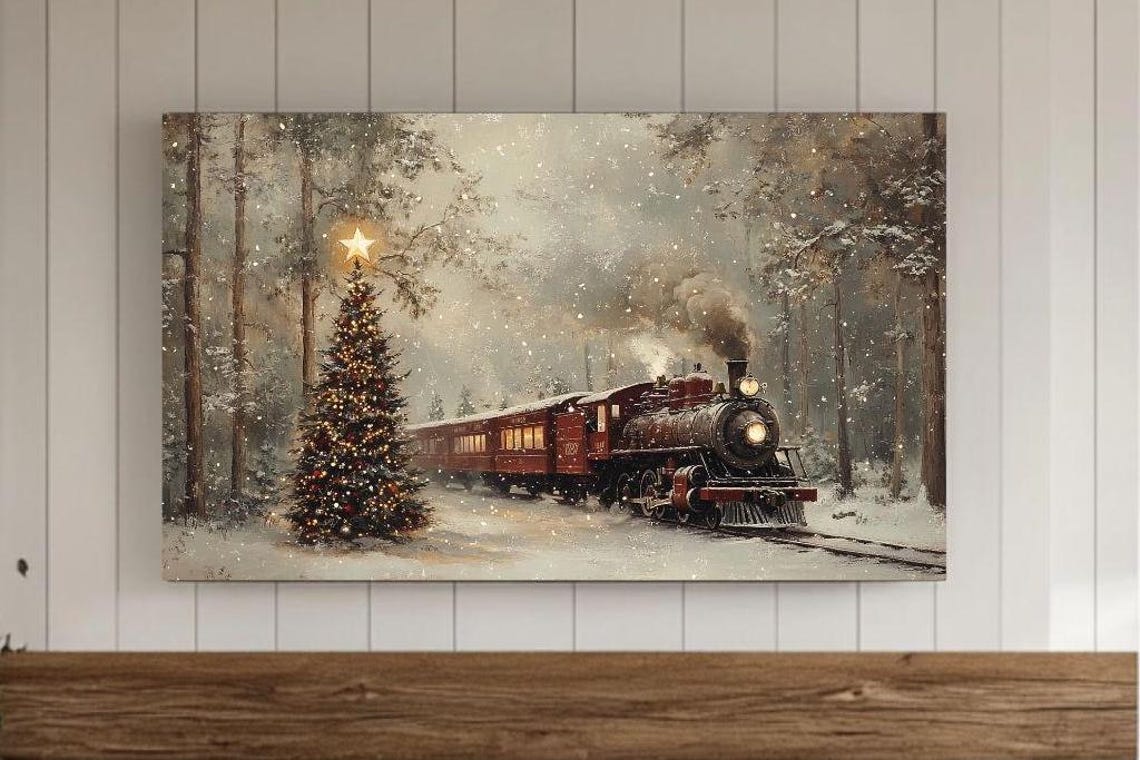 Vintage Red Christmas Train Starlit Tree Winter Snow Scene Poster