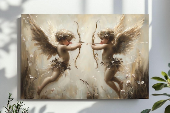 Cupids Facing Each Other Aiming Bows Classical Angel Art Poster