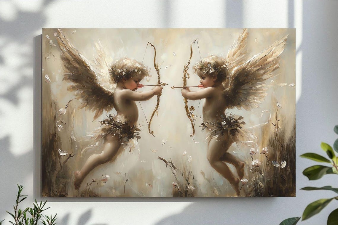 Cupids Facing Each Other Aiming Bows Classical Angel Art Poster