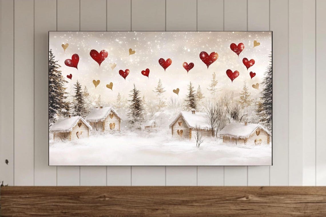 Valentine Hearts Over A Snowy Cottage Village Winter Scene Poster