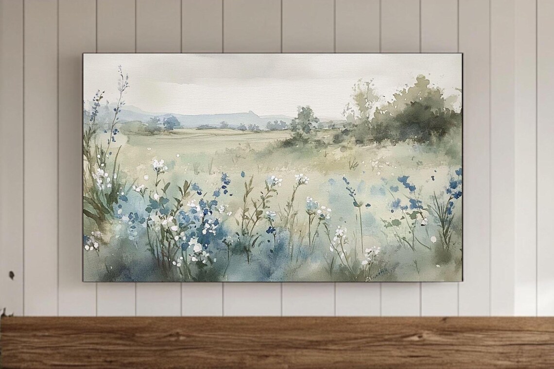 Country Wildflower Meadow Distant Hills Watercolor Art Poster