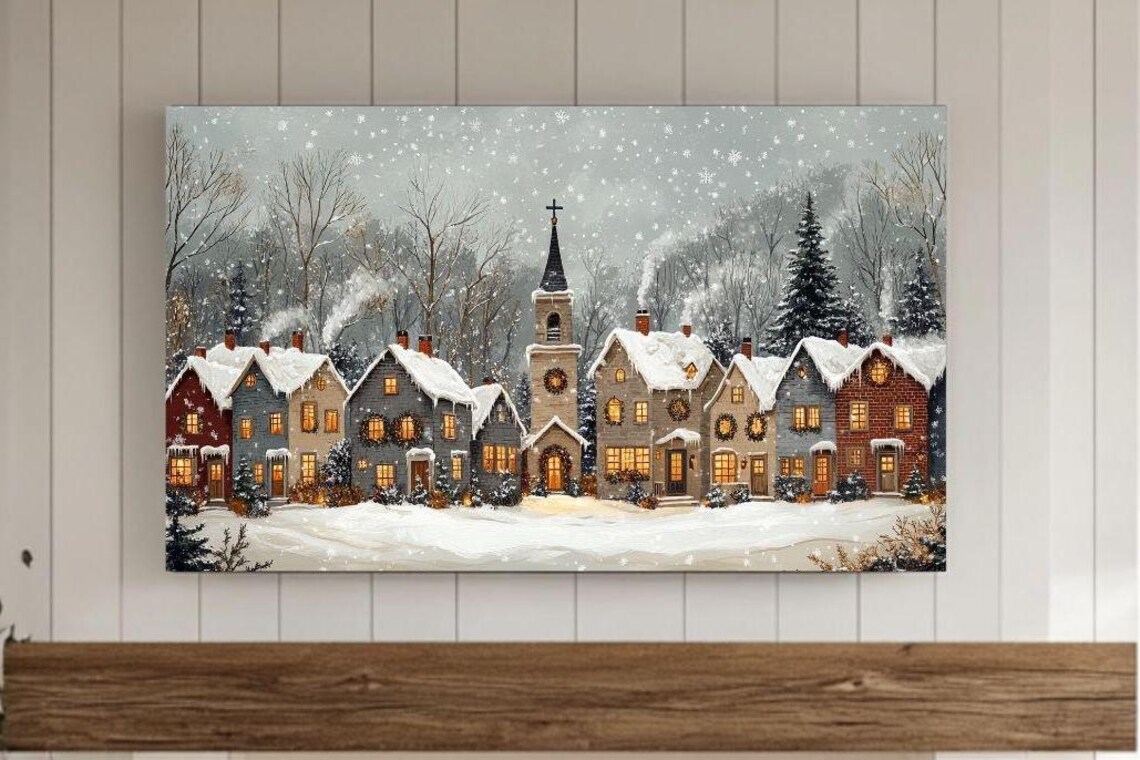 Snowy Christmas Village With Church Glowing Windows Winter Poster