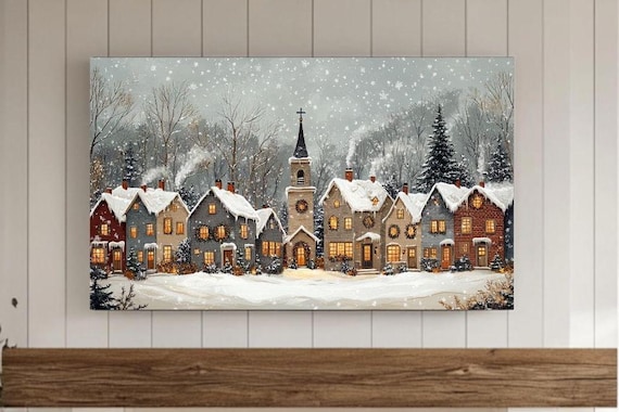 Snowy Christmas Village With Church Glowing Windows Winter Poster