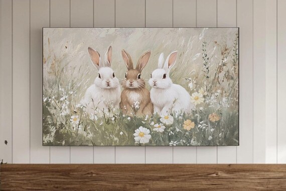 Adorable Bunny Trio in White Daisy Field Spring Easter Poster