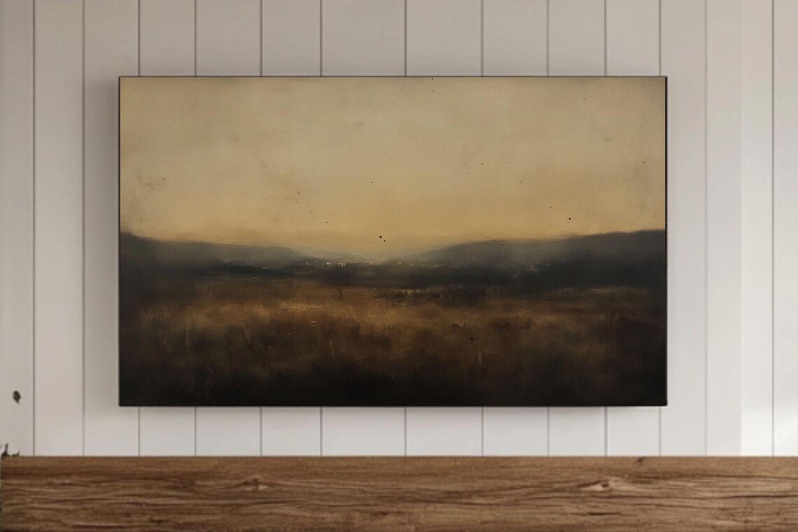 Moody Foggy Field Golden Sky Dark Cinematic Vintage Landscape Poster